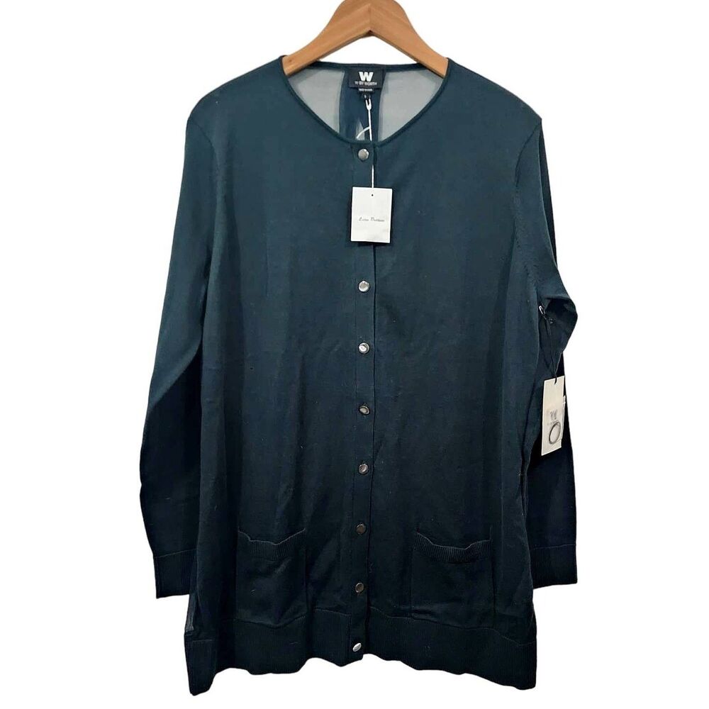 W by Worth Silk Cotton Longline Knit Cardigan in Pine Sheer Panel NEW Size L